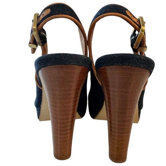 UGG Slingback Pumps Heels Peep Toe Shoe Blue Denim Brown Leather Womens Size 6.5 - Picture 3 of 12